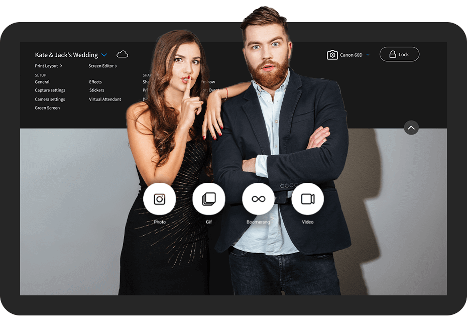 LumaBooth for Windows photo booth software dashboard showing live camera preview with photo, GIF, boomerang, and video capture modes