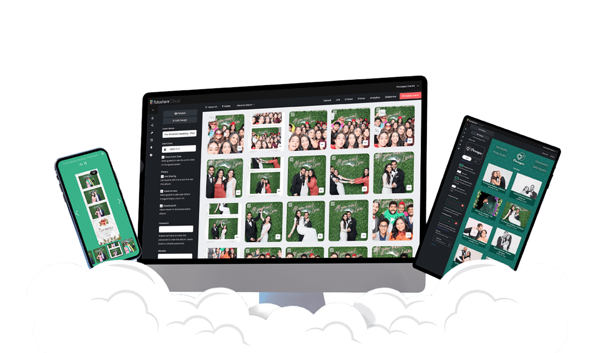 fotoShare Cloud dashboard showing photo booth event gallery on desktop, tablet, and phone