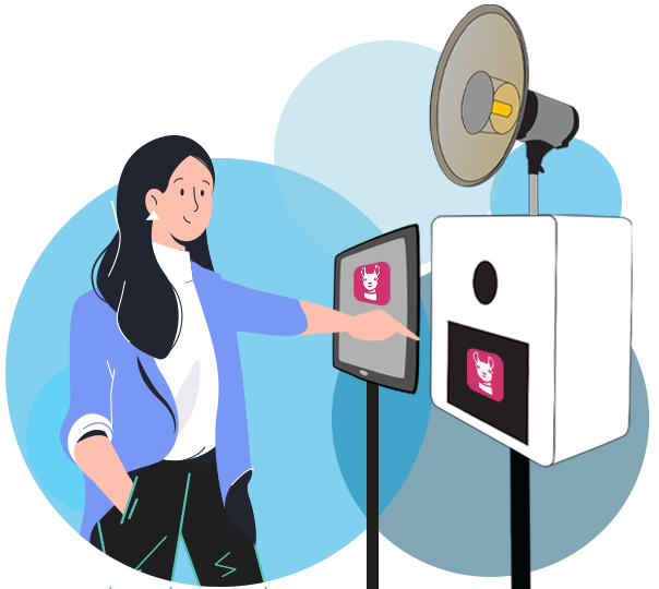 Couple posing on a 360 photo booth spinning platform with ring light and phone camera