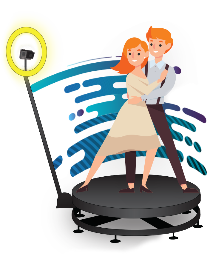 Couple on a 360 photo booth platform with phone camera and ring light capturing a spinning video