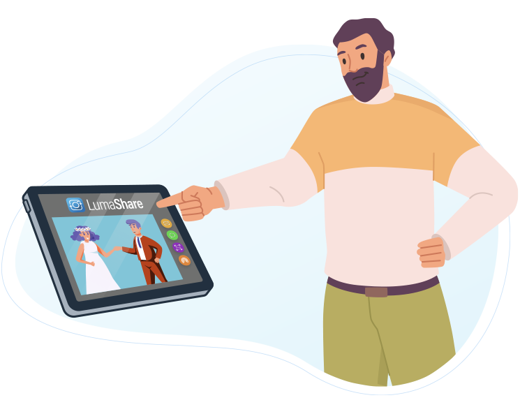 A man is instantly sharing his photo, captured by a roaming photographer, using the LumaShare app for Apple and Android.